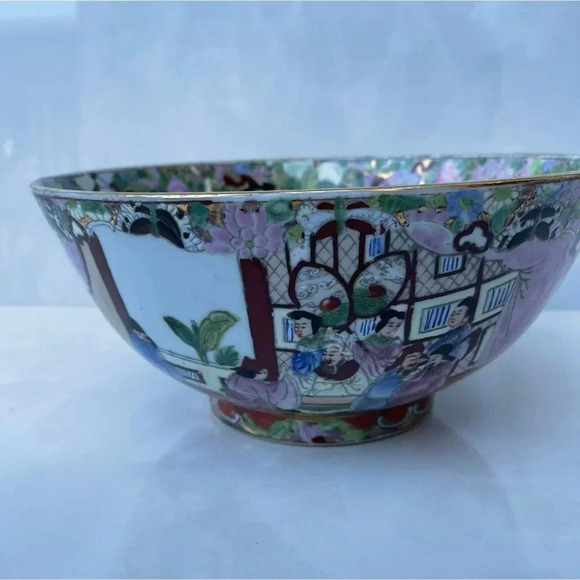 Antique Chinese Family Rose Medallion Hand Painted Decorated Bowl Gold Trim - Picture 5 of 16